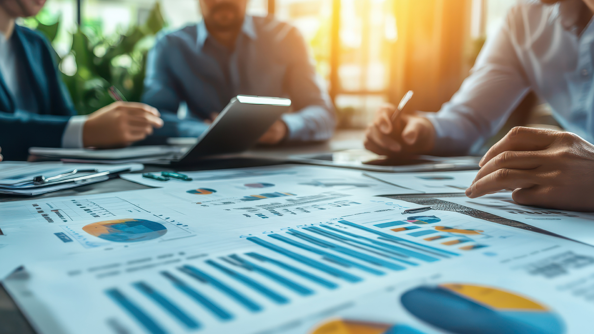 Startup team members analyzing revenue charts during a meeting